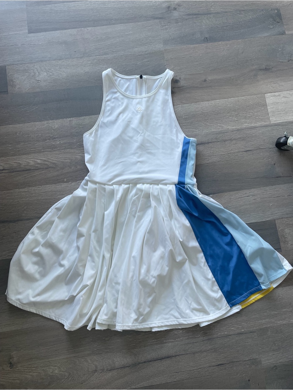 White Tennis Dress with Blue Side Panels Undershorts Four